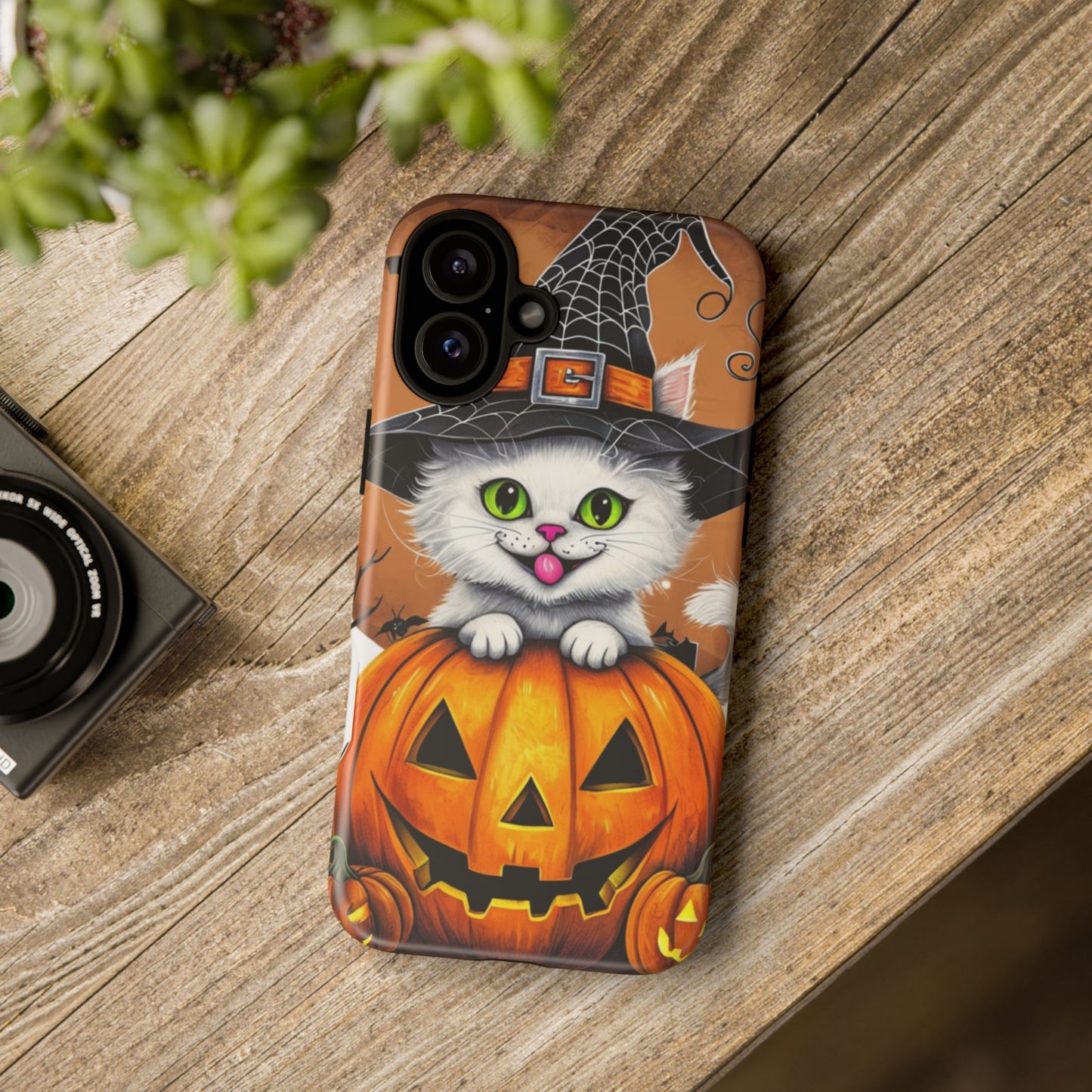 Halloween Cat Phone Case – Spooky Cute Cover with Witch Hat & Pumpkin Design