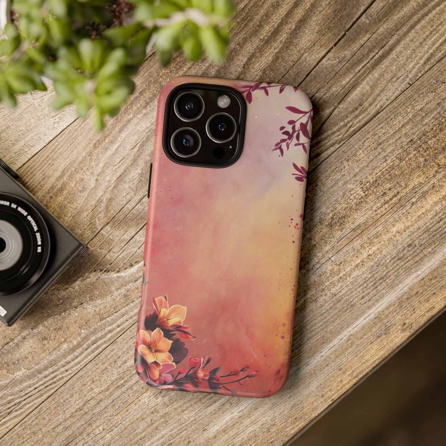 Watercolor Floral Phone Case - Pink Orange Gradient iPhone Cover - Botanical Art Protection