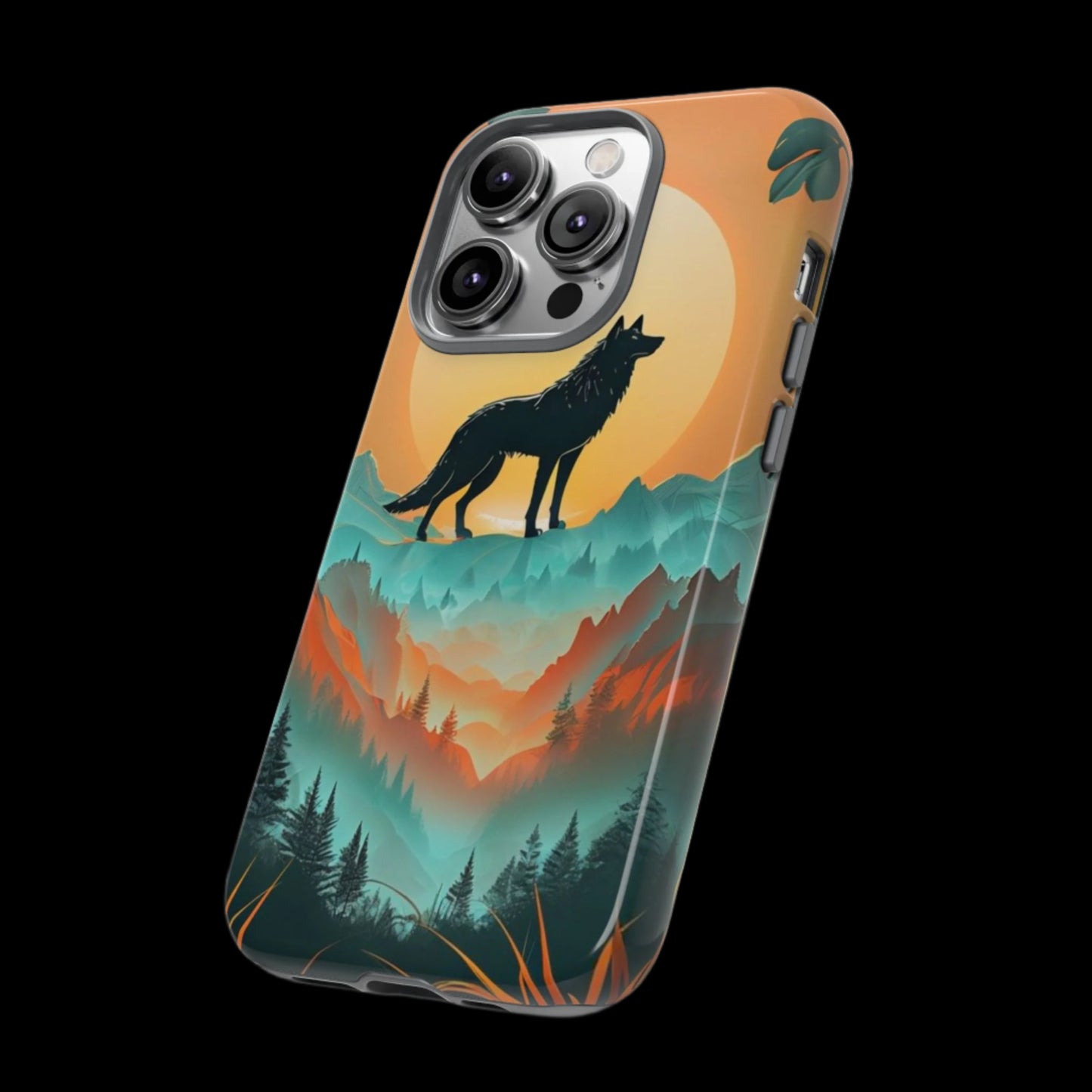 Phone Case Sunset Wolf Silhouette & Tropical Landscape – Artistic Protection