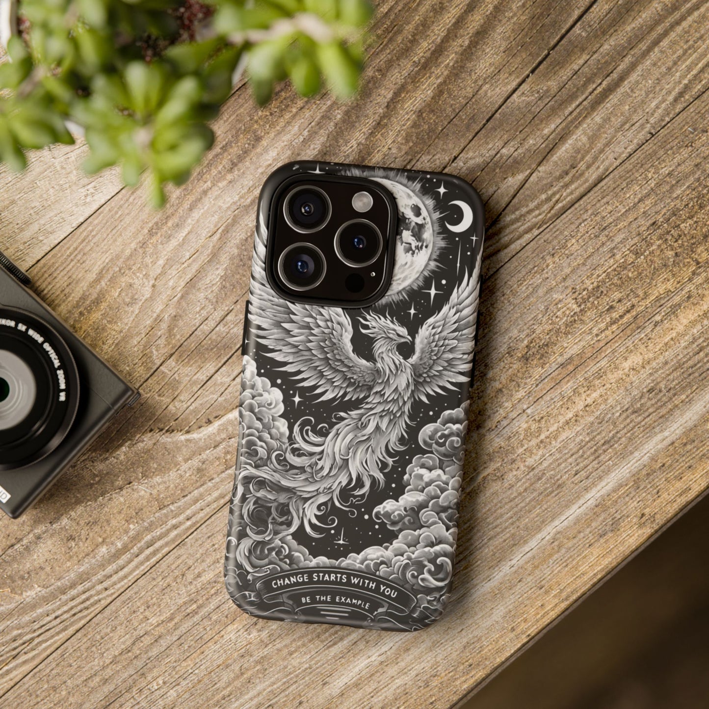 Phoenix Art iPhone Case – 'Change Starts With You' – Black & White Design