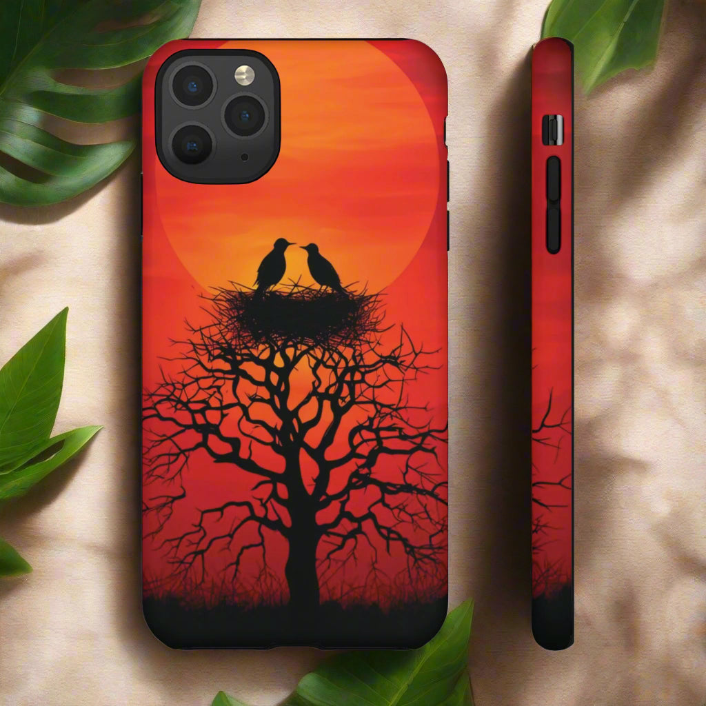 Phone Case Two Birds on a Nest - Red Sunset Background - Nature Wall Art - Romantic Bird Scene