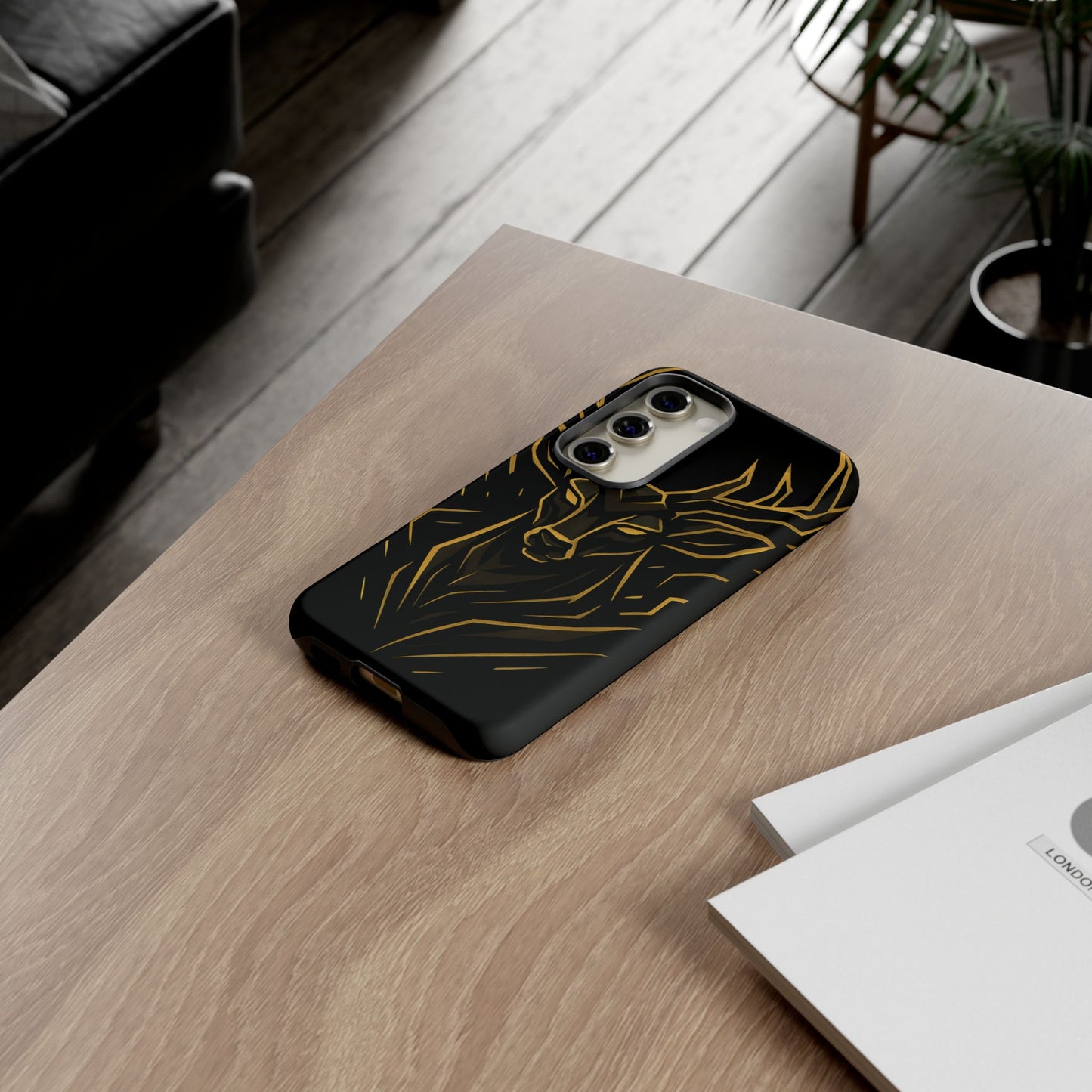 Phone Case with Black and Gold Deer Design – Elegant & Sophisticated Style