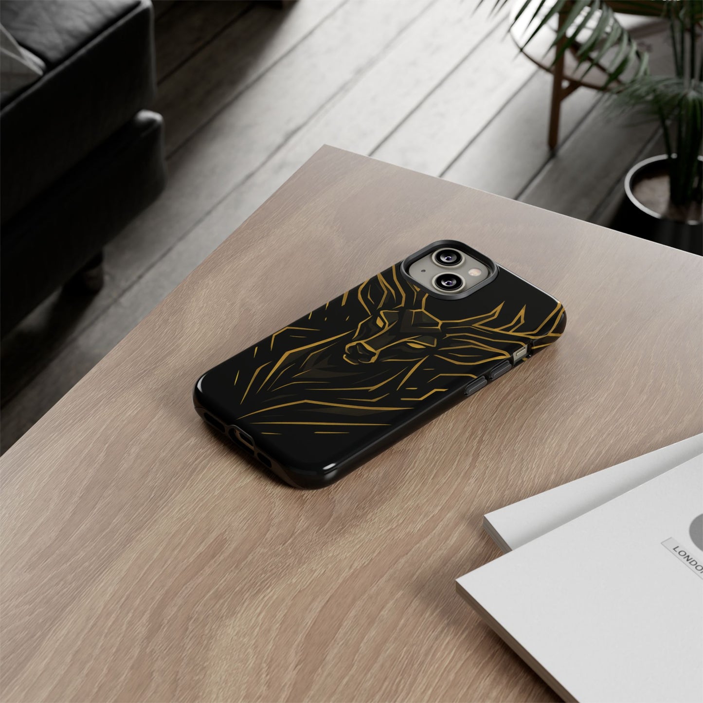 Phone Case with Black and Gold Deer Design – Elegant & Sophisticated Style