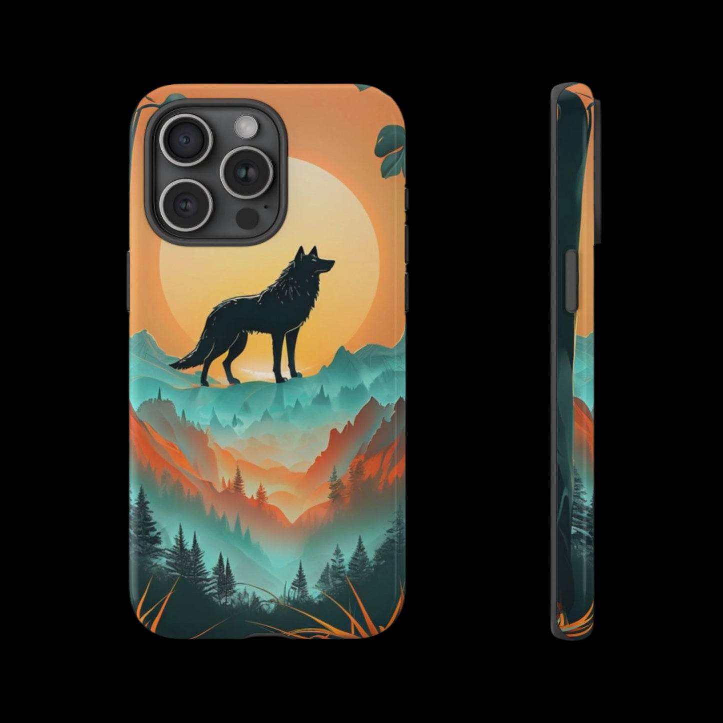 Phone Case Sunset Wolf Silhouette & Tropical Landscape – Artistic Protection