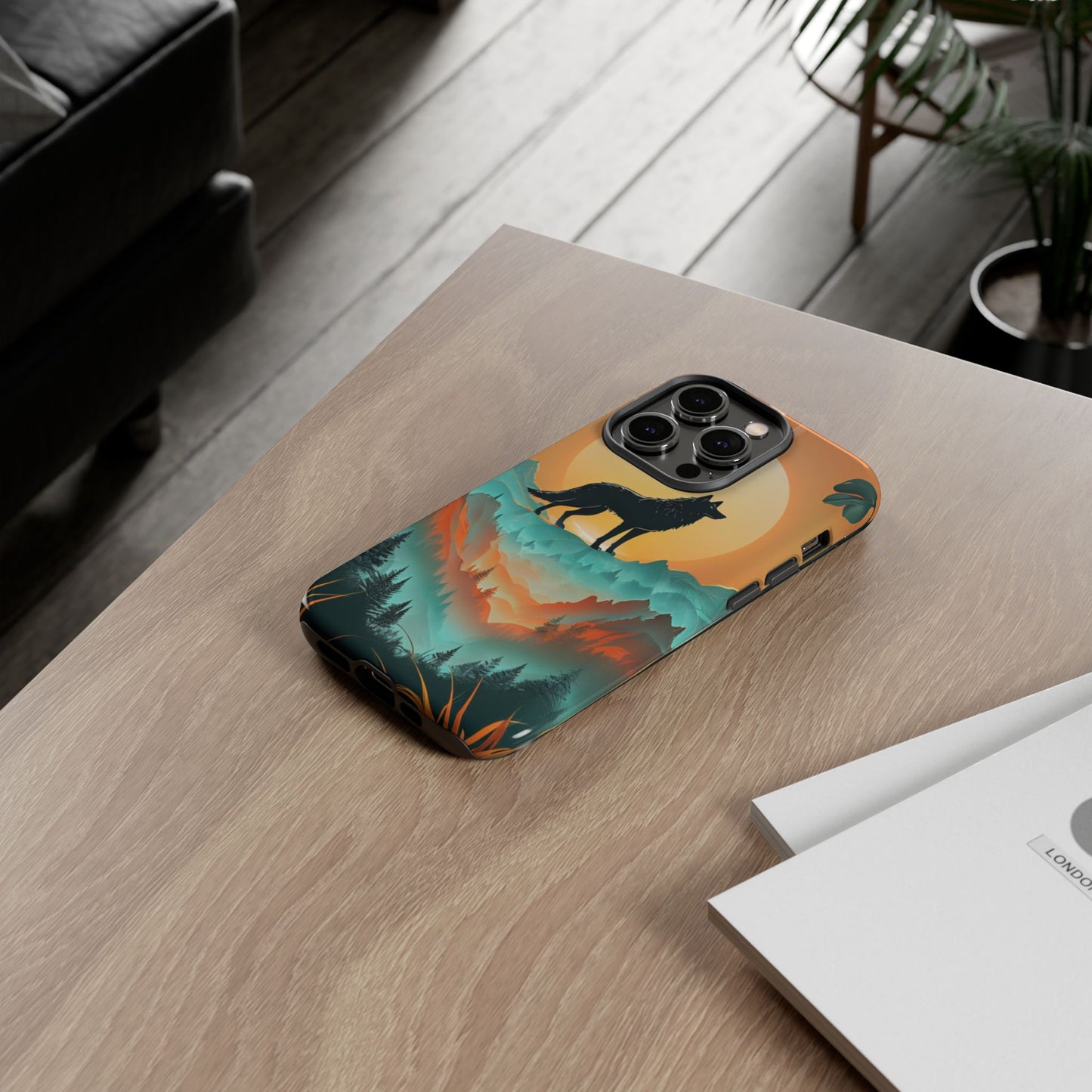 Phone Case Sunset Wolf Silhouette & Tropical Landscape – Artistic Protection
