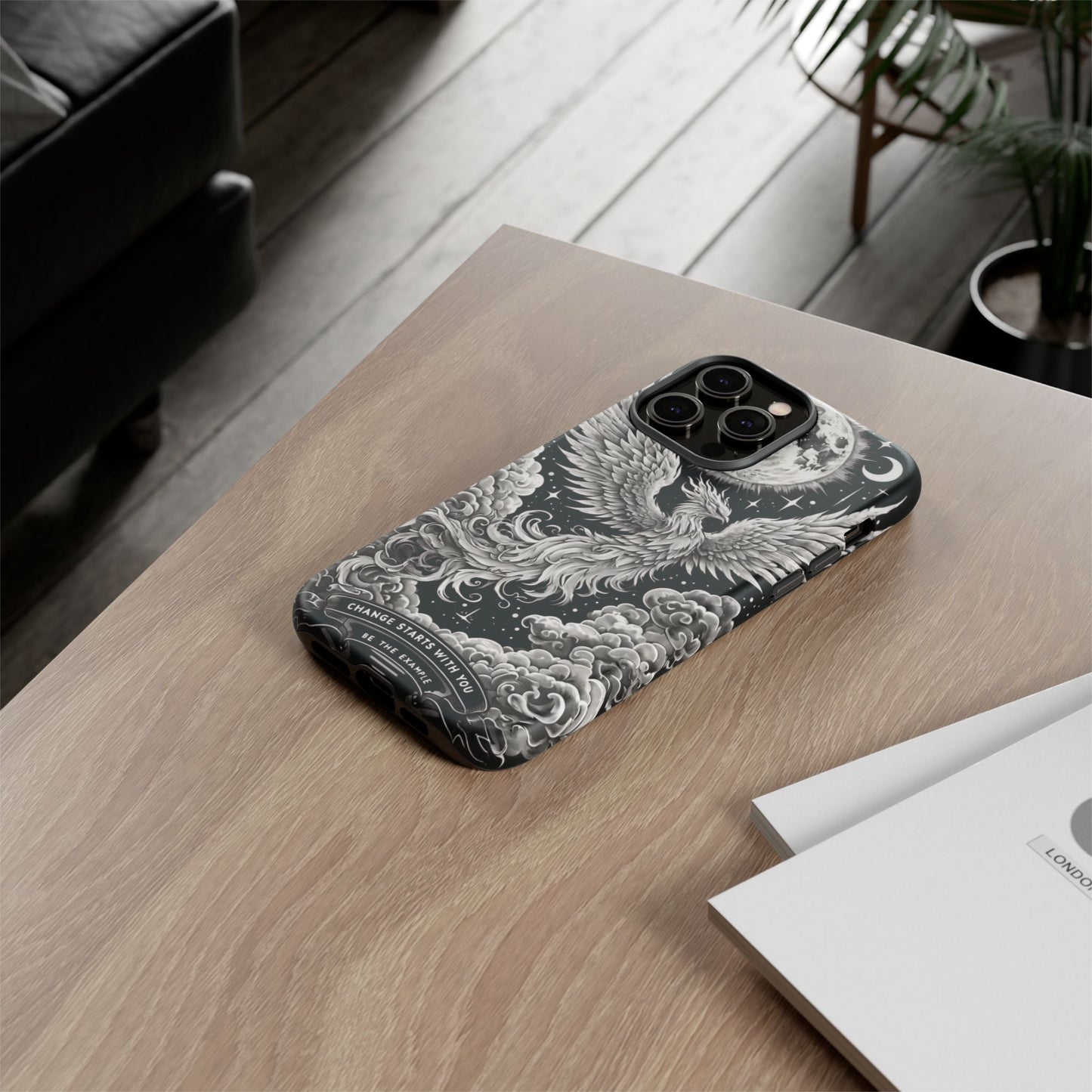 Phoenix Art iPhone Case – 'Change Starts With You' – Black & White Design