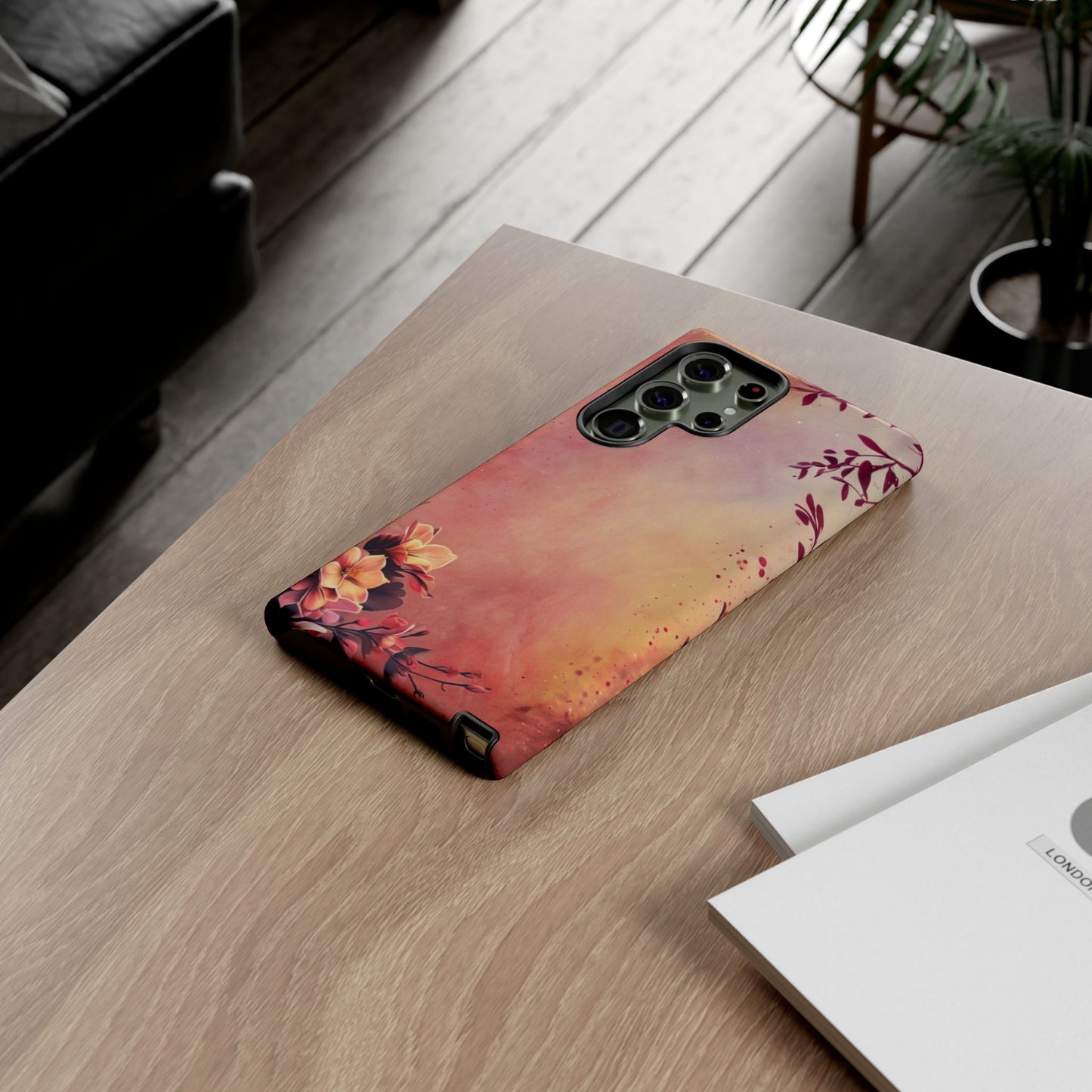 Watercolor Floral Phone Case - Pink Orange Gradient iPhone Cover - Botanical Art Protection