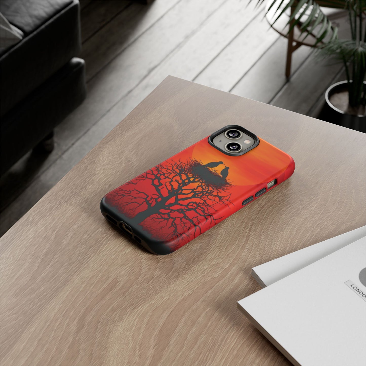 Phone Case Two Birds on a Nest - Red Sunset Background - Nature Wall Art - Romantic Bird Scene