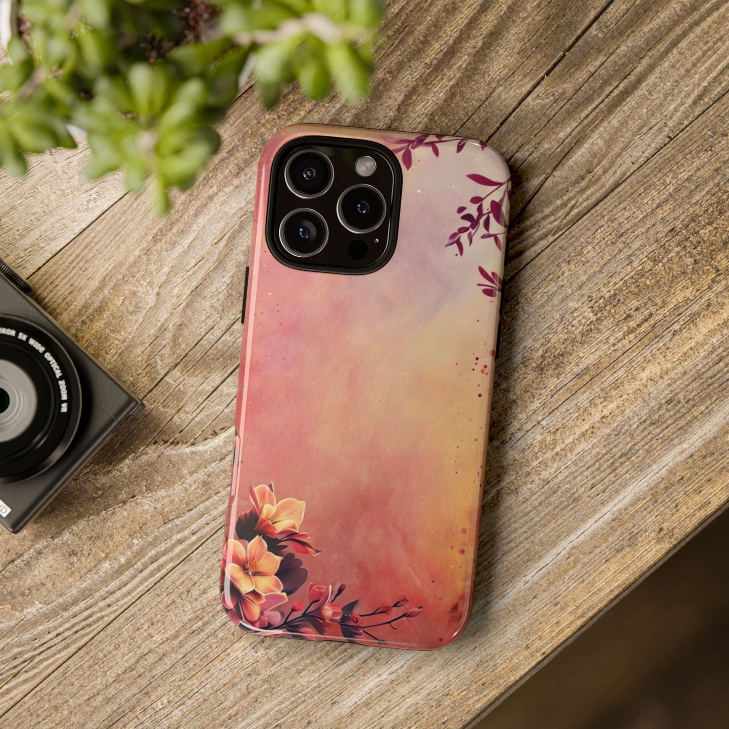 Watercolor Floral Phone Case - Pink Orange Gradient iPhone Cover - Botanical Art Protection