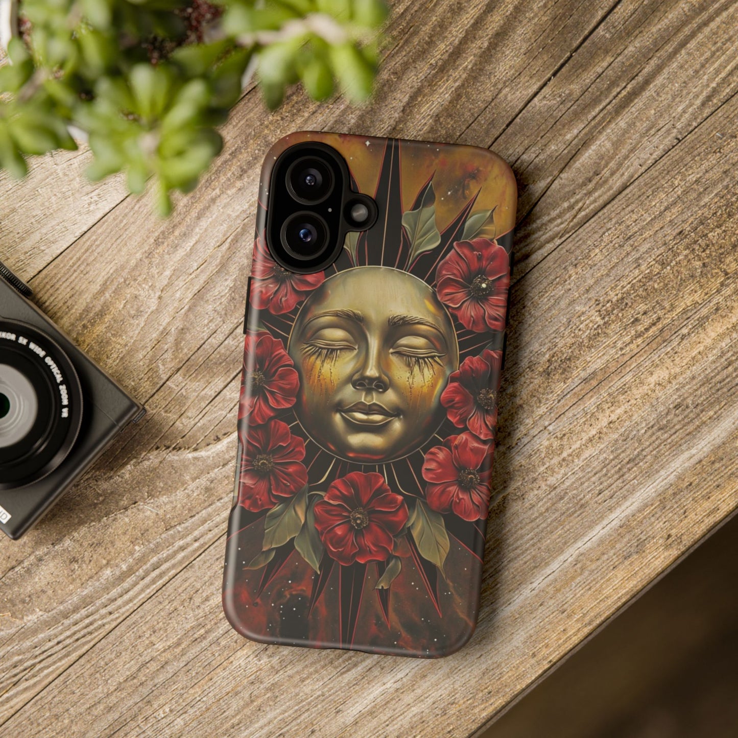 Phone Case Surreal Metallic Sun Face with Dark Red Flowers- Unique Modern Art Design