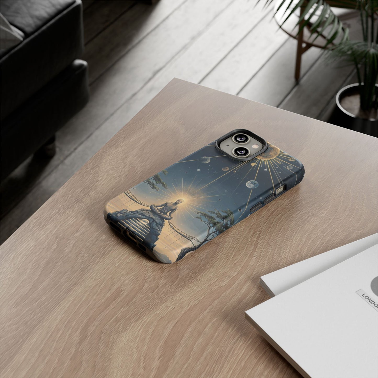 Phone Case Futuristic Meditating Figure in Cosmic Elements at Twilight – Sci-Fi Artwork