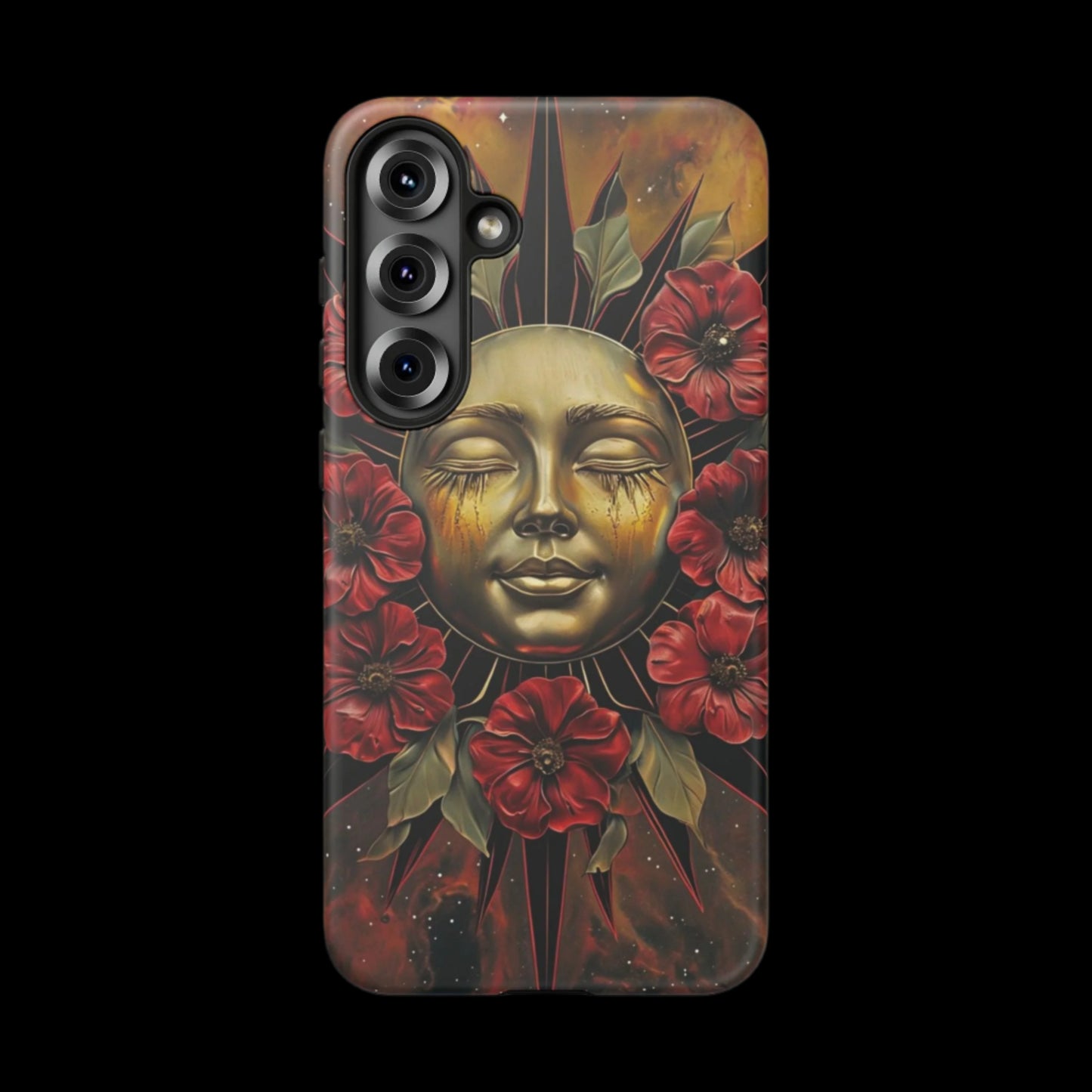 Phone Case Surreal Metallic Sun Face with Dark Red Flowers- Unique Modern Art Design