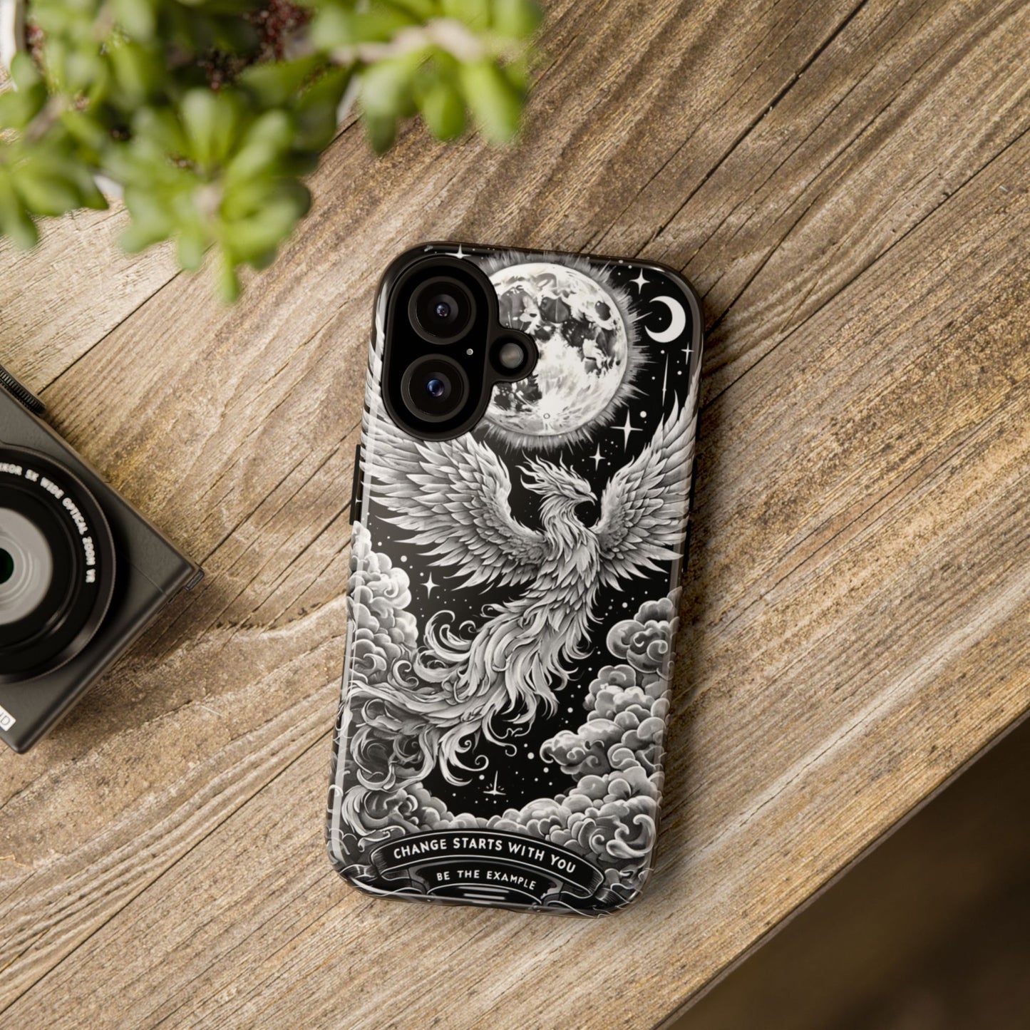 Phoenix Art iPhone Case – 'Change Starts With You' – Black & White Design