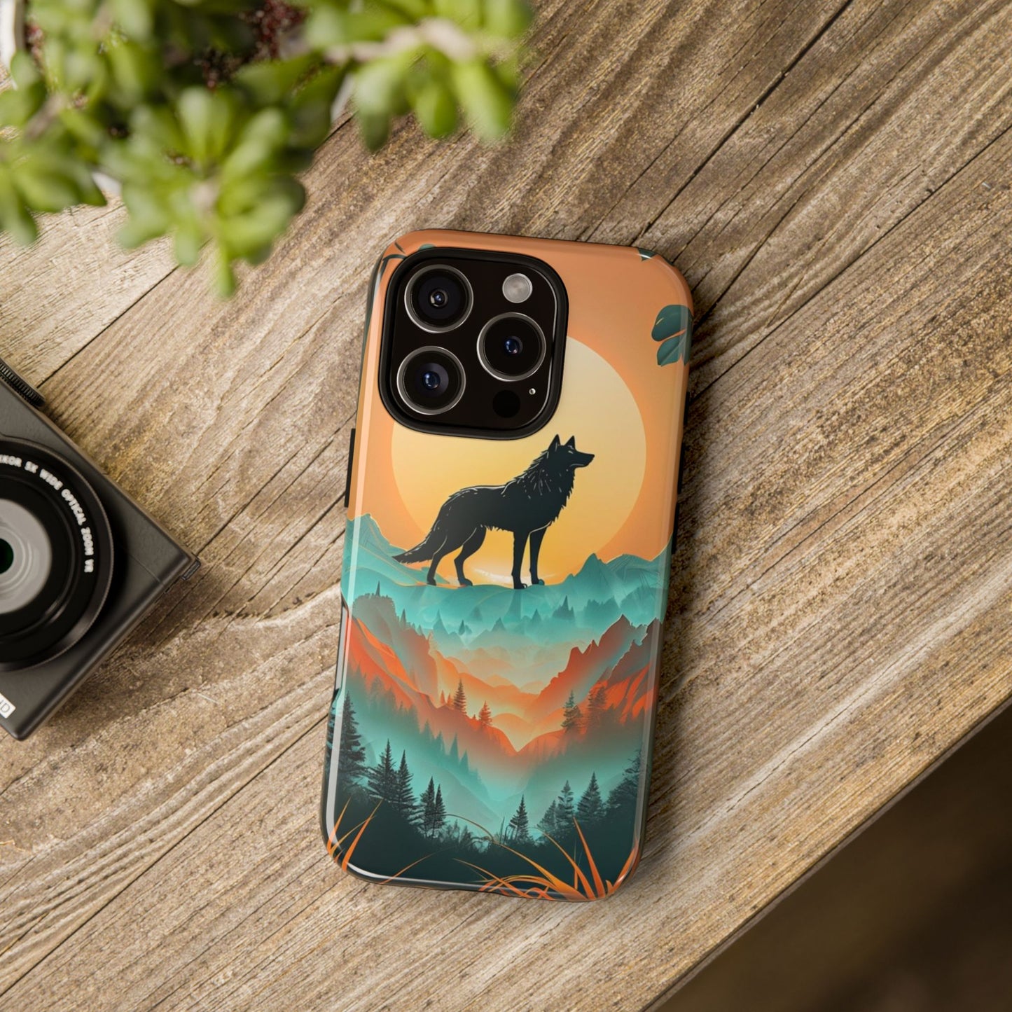 Phone Case Sunset Wolf Silhouette & Tropical Landscape – Artistic Protection