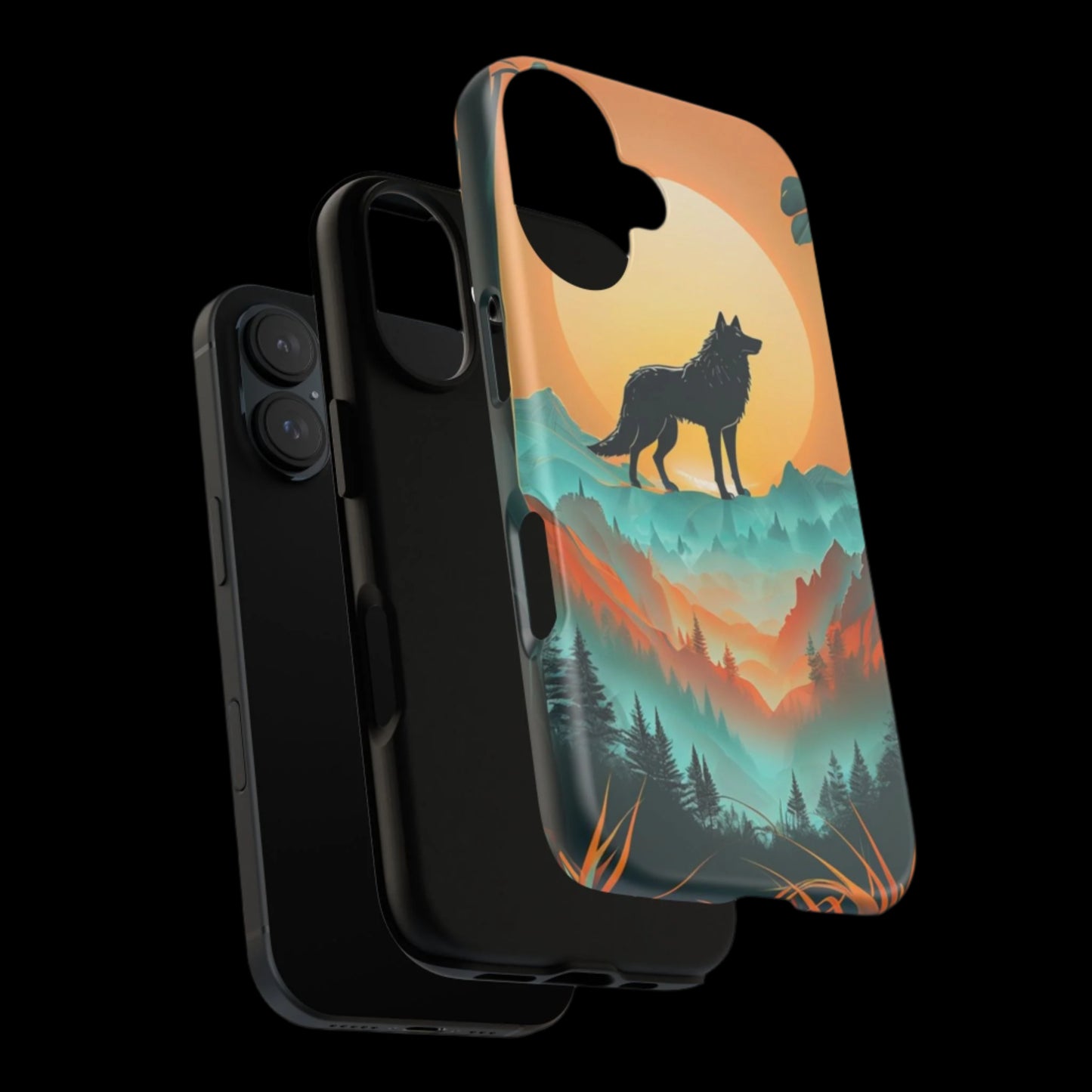 Phone Case Sunset Wolf Silhouette & Tropical Landscape – Artistic Protection