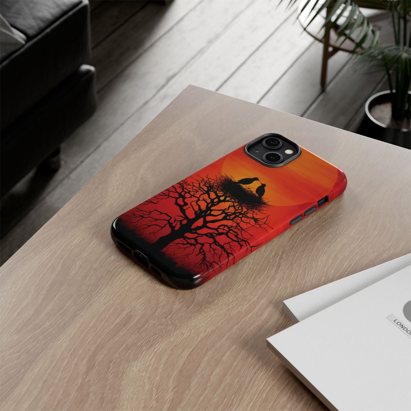 Phone Case Two Birds on a Nest - Red Sunset Background - Nature Wall Art - Romantic Bird Scene