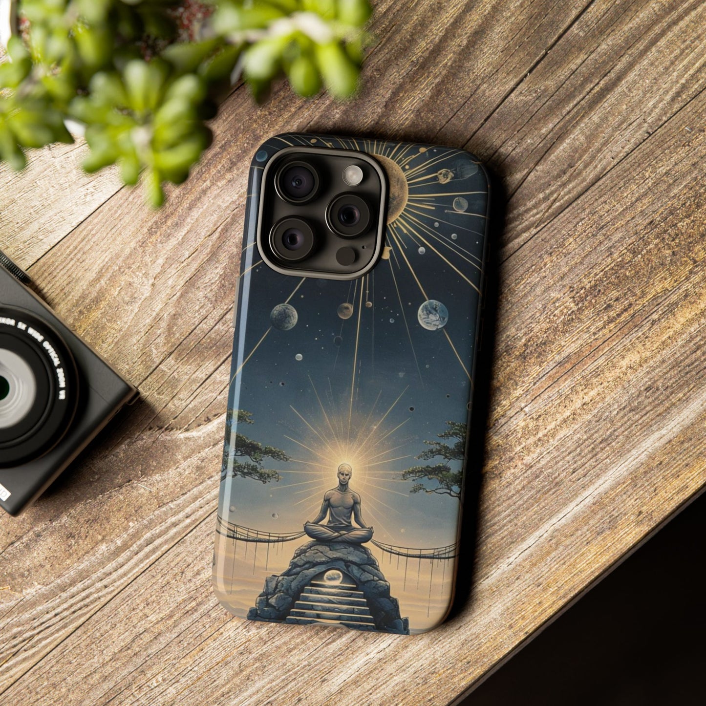 Phone Case Futuristic Meditating Figure in Cosmic Elements at Twilight – Sci-Fi Artwork