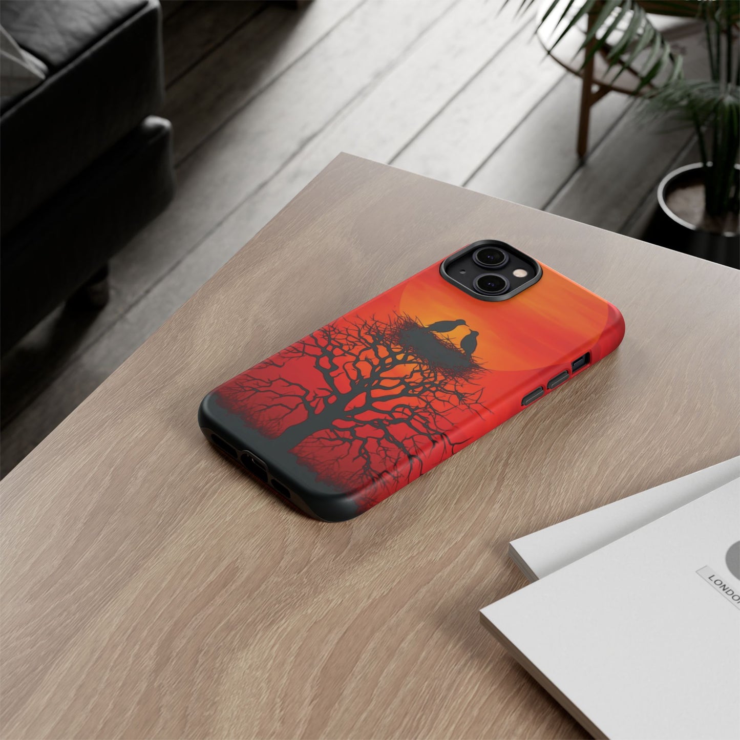 Phone Case Two Birds on a Nest - Red Sunset Background - Nature Wall Art - Romantic Bird Scene