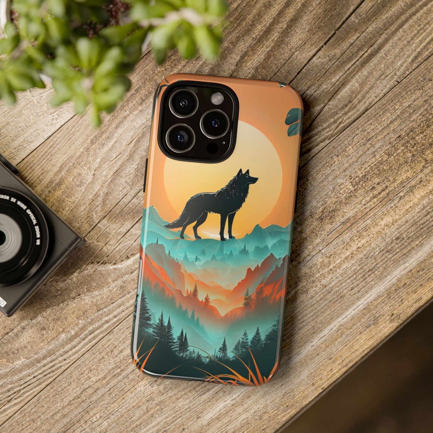 Phone Case Sunset Wolf Silhouette & Tropical Landscape – Artistic Protection