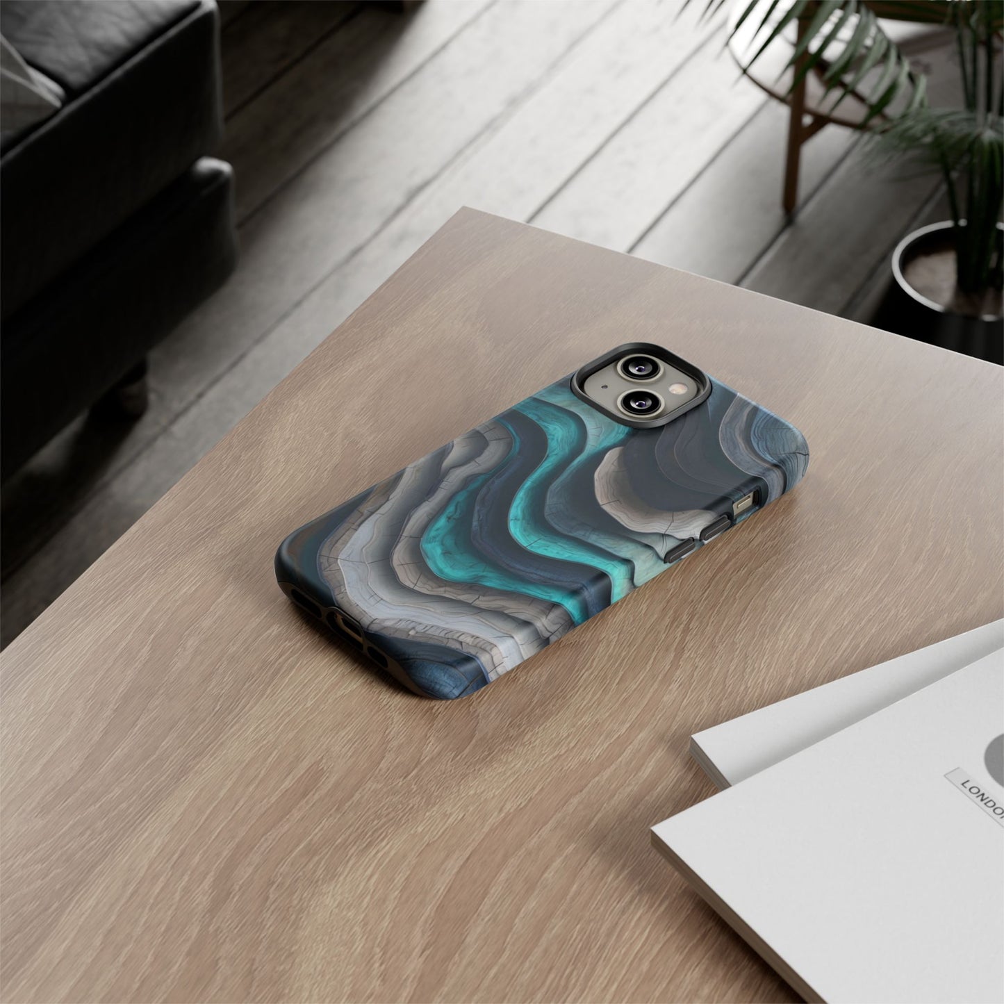 Phone Case Blue & Grey Woodgrain Wave – Artistic iPhone & Samsung Cover