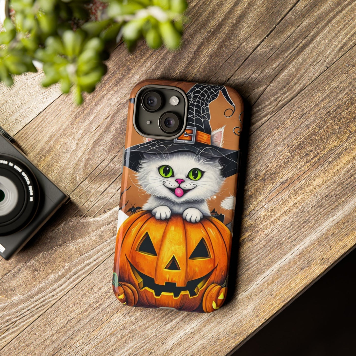 Halloween Cat Phone Case – Spooky Cute Cover with Witch Hat & Pumpkin Design