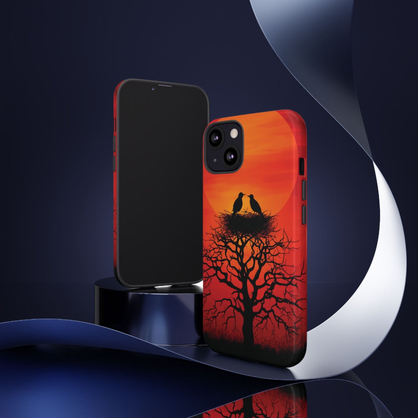 Phone Case Two Birds on a Nest - Red Sunset Background - Nature Wall Art - Romantic Bird Scene