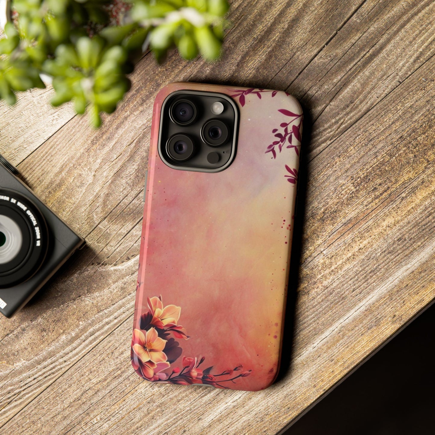 Watercolor Floral Phone Case - Pink Orange Gradient iPhone Cover - Botanical Art Protection