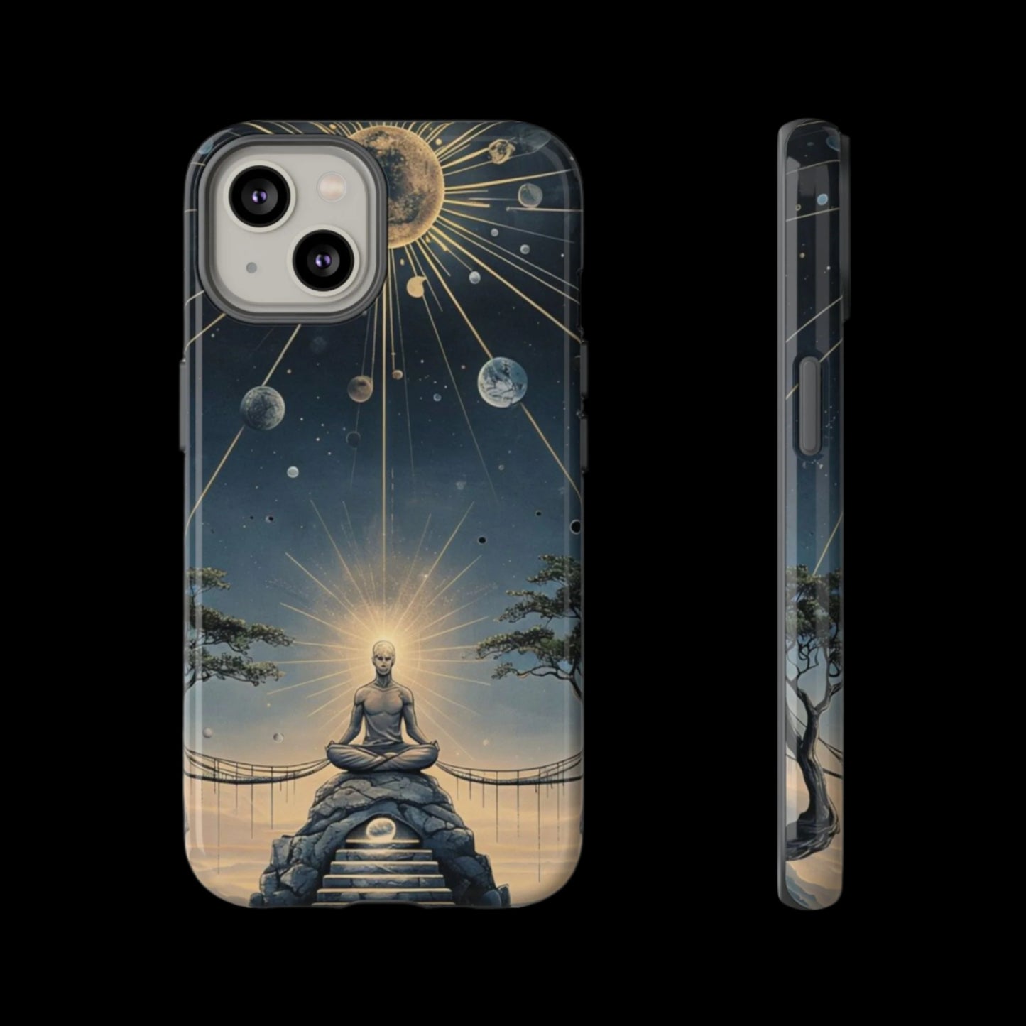 Phone Case Futuristic Meditating Figure in Cosmic Elements at Twilight – Sci-Fi Artwork
