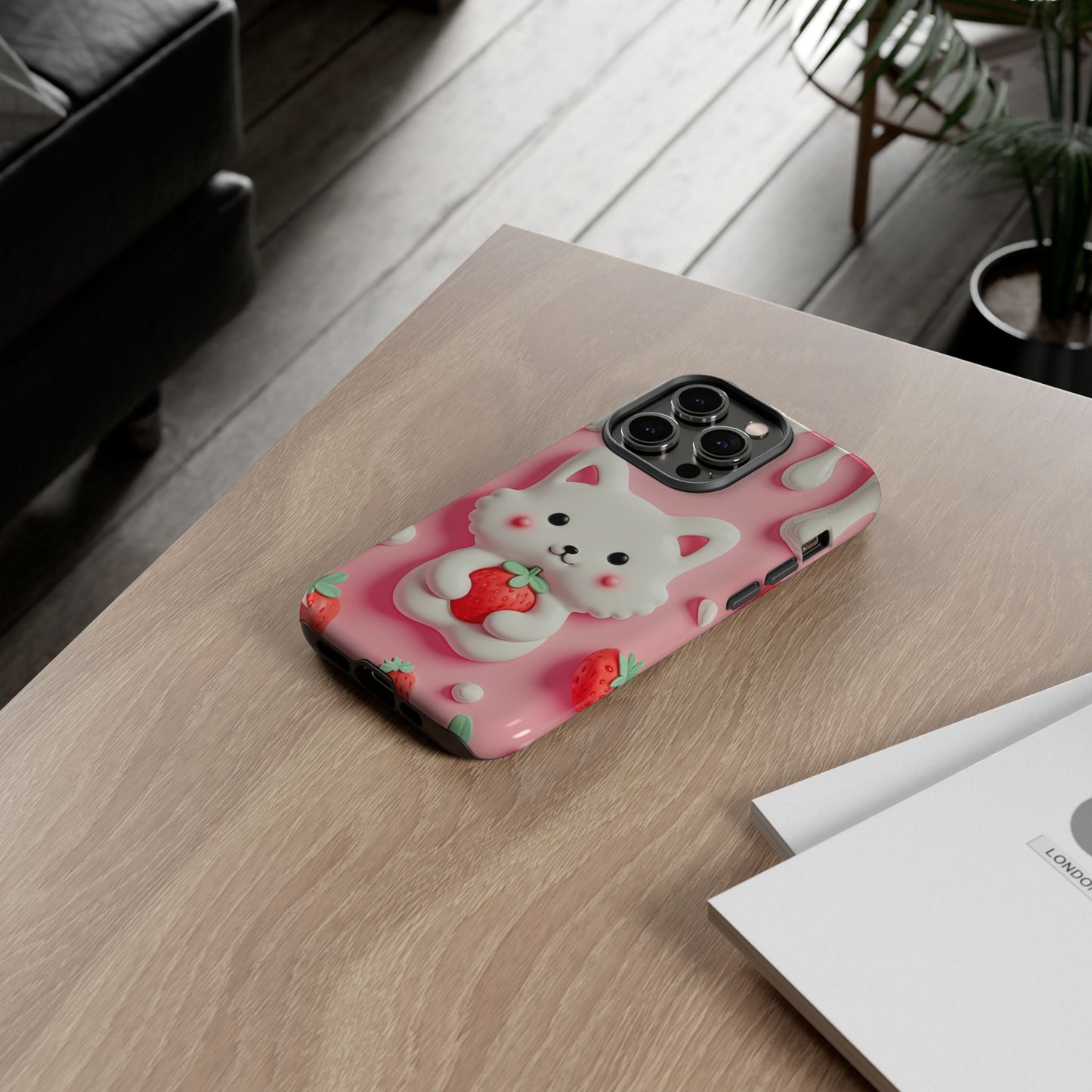 Adorable Cat Phone Case – Pink with Strawberry Design