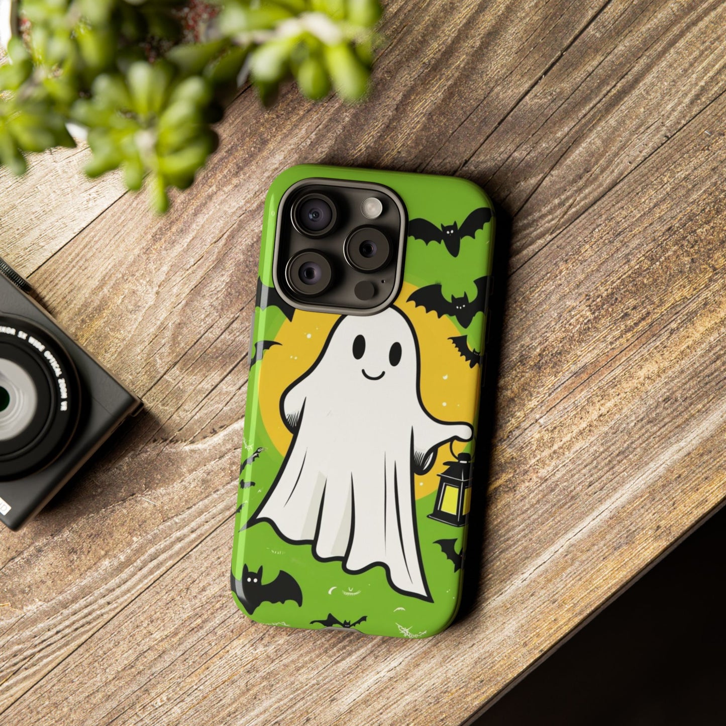Cute Halloween Ghost Phone Case with Bats and Lantern – Perfect for Spooky Season