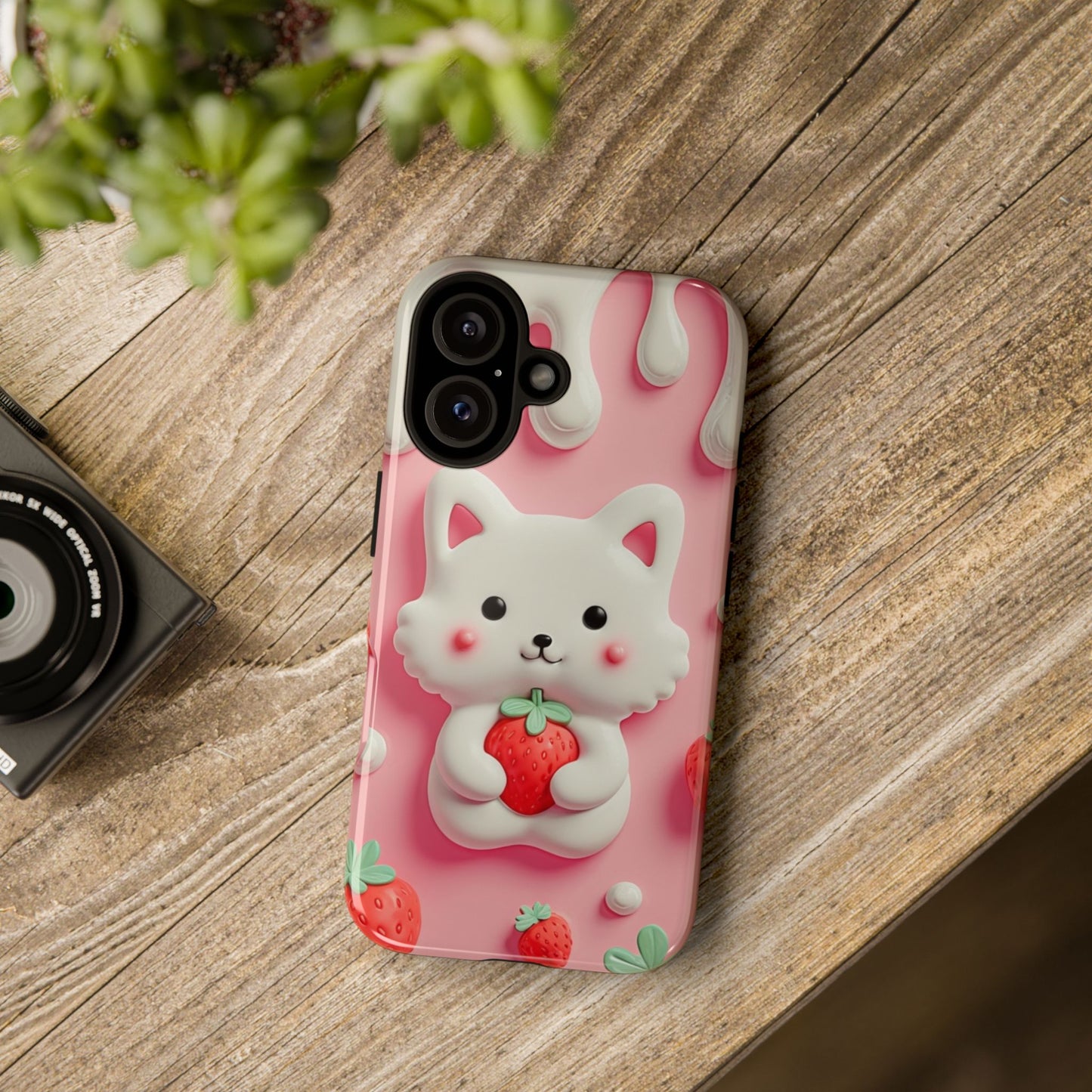 Adorable Cat Phone Case – Pink with Strawberry Design