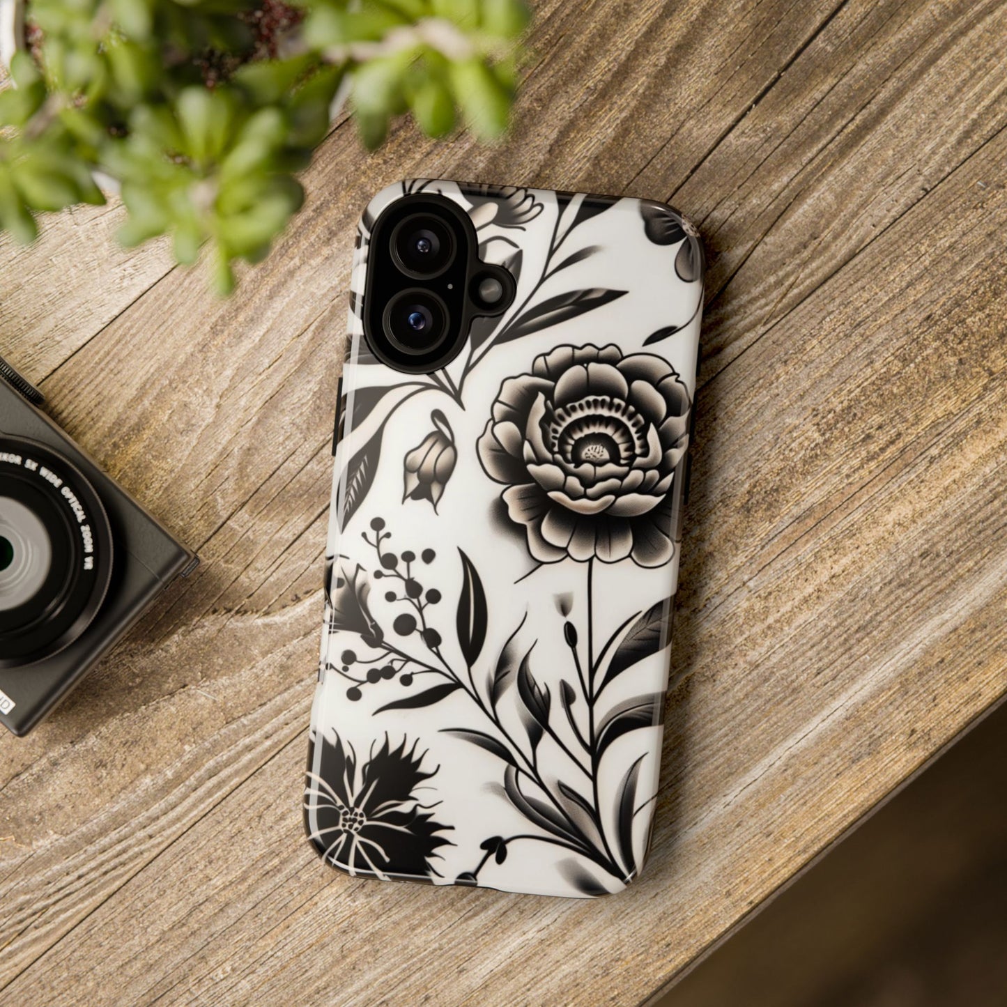 Phone Case Elegant Black and White Floral – Stylish Protection for iPhone 12/16 and Samsung 22/25