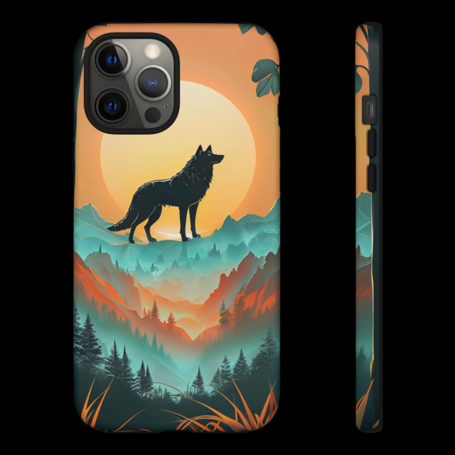Phone Case Sunset Wolf Silhouette & Tropical Landscape – Artistic Protection