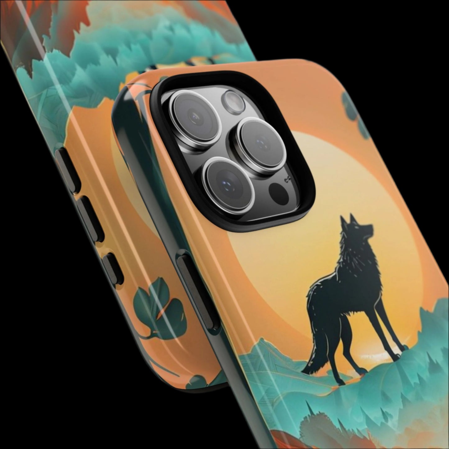 Phone Case Sunset Wolf Silhouette & Tropical Landscape – Artistic Protection