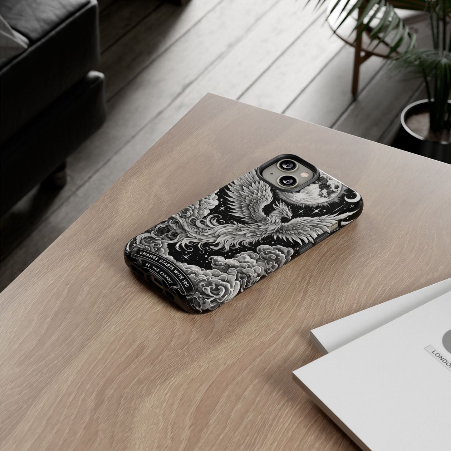 Phoenix Art iPhone Case – 'Change Starts With You' – Black & White Design