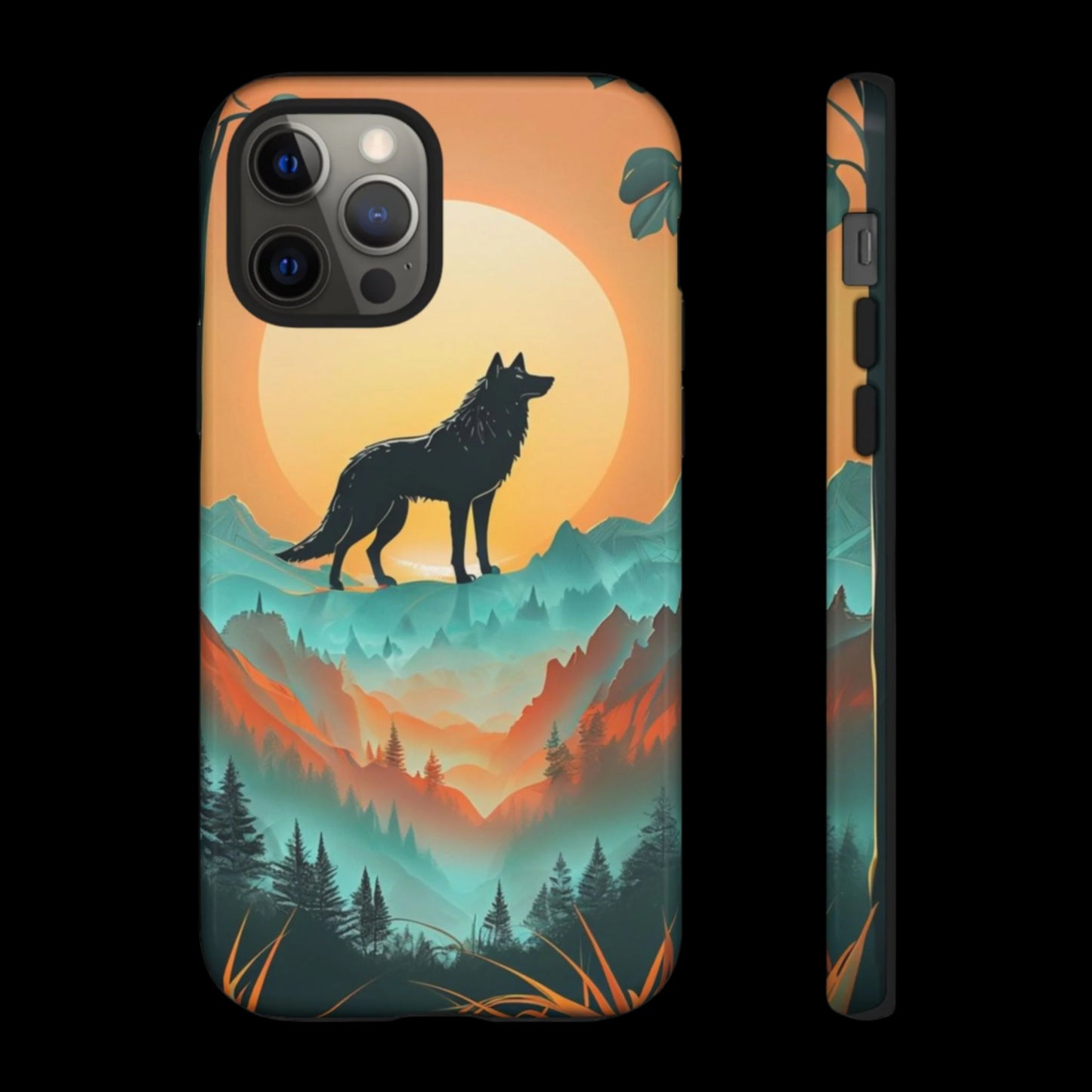 Phone Case Sunset Wolf Silhouette & Tropical Landscape – Artistic Protection