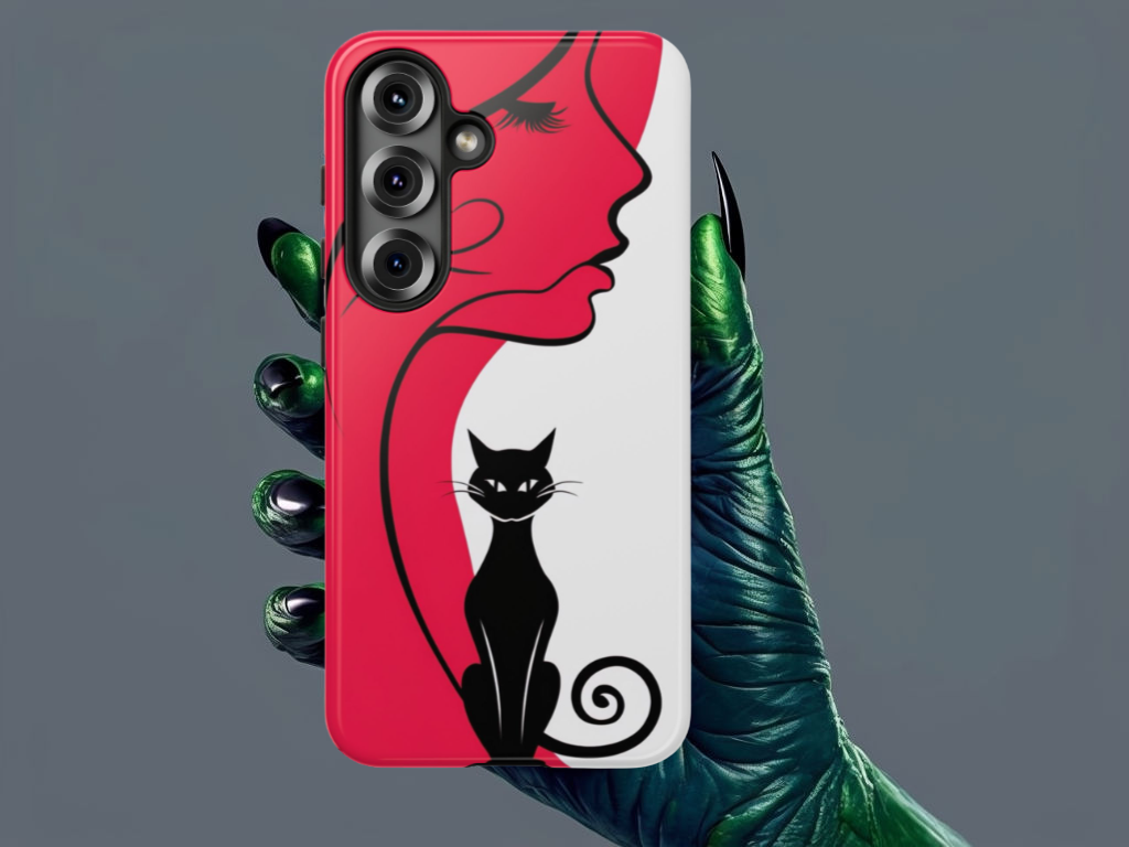 Phone Case with Artistic Woman & Black Cat Design – Stylish and Protective