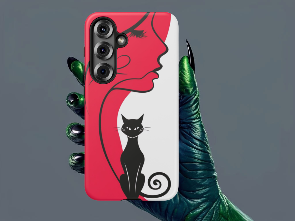 Phone Case with Artistic Woman & Black Cat Design – Stylish and Protective