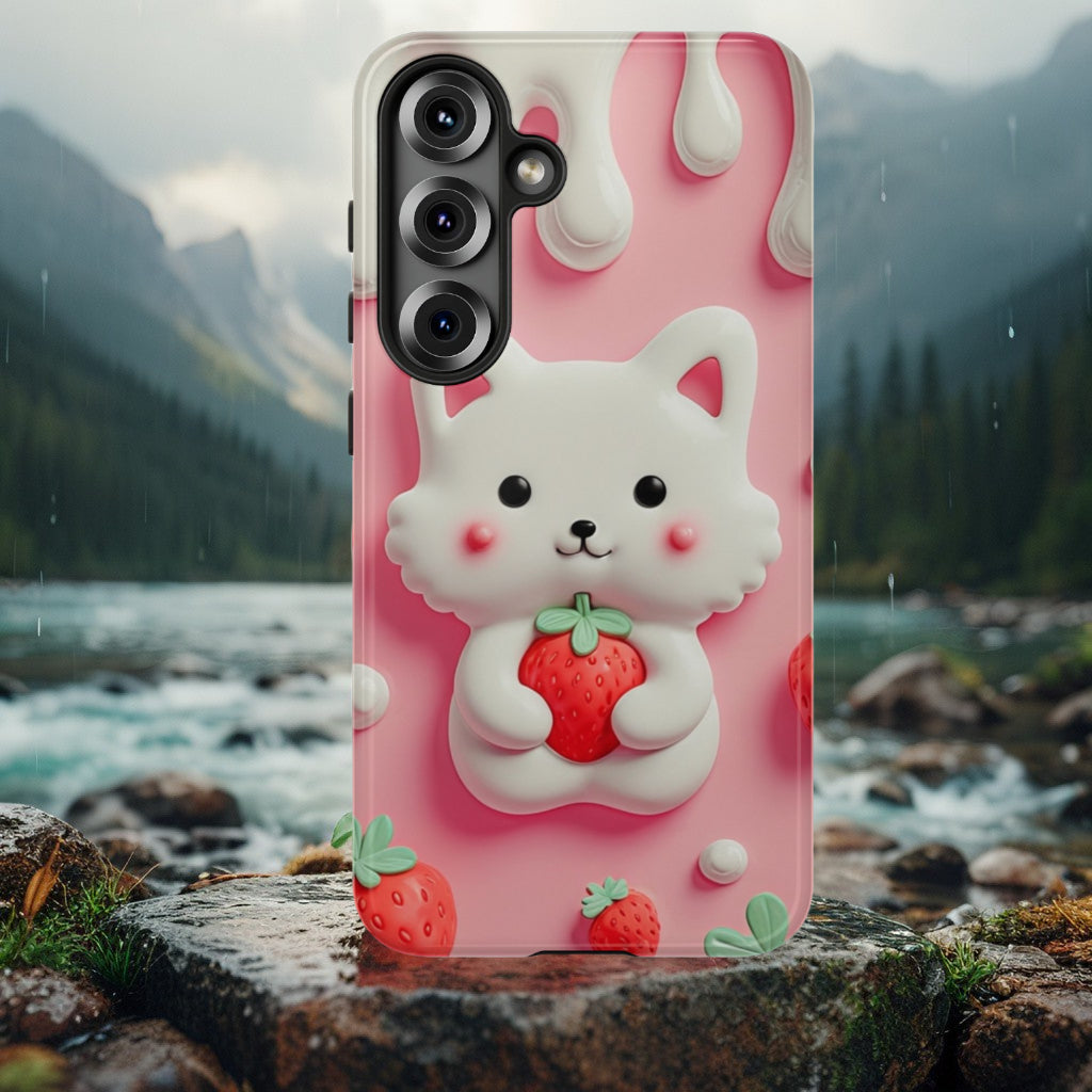 Adorable Cat Phone Case – Pink with Strawberry Design