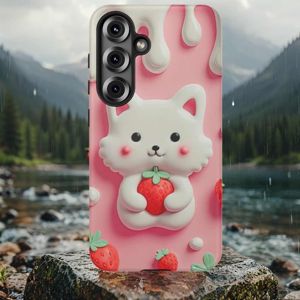 Adorable Cat Phone Case – Pink with Strawberry Design