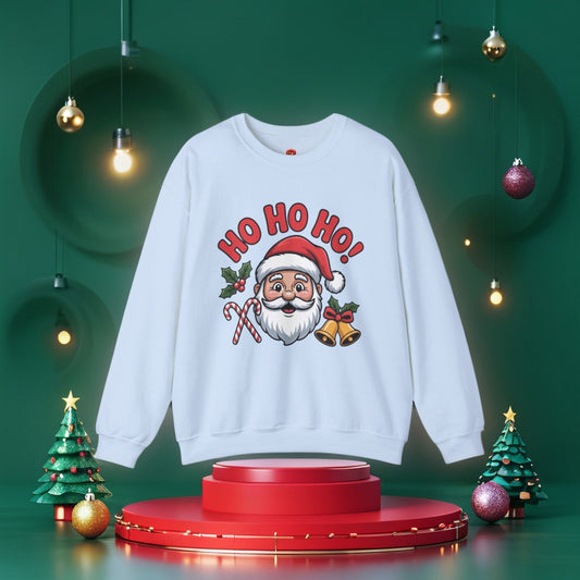 Ho Ho Ho! Christmas sweatshirt – Santa, Bells & Candy Canes Design.