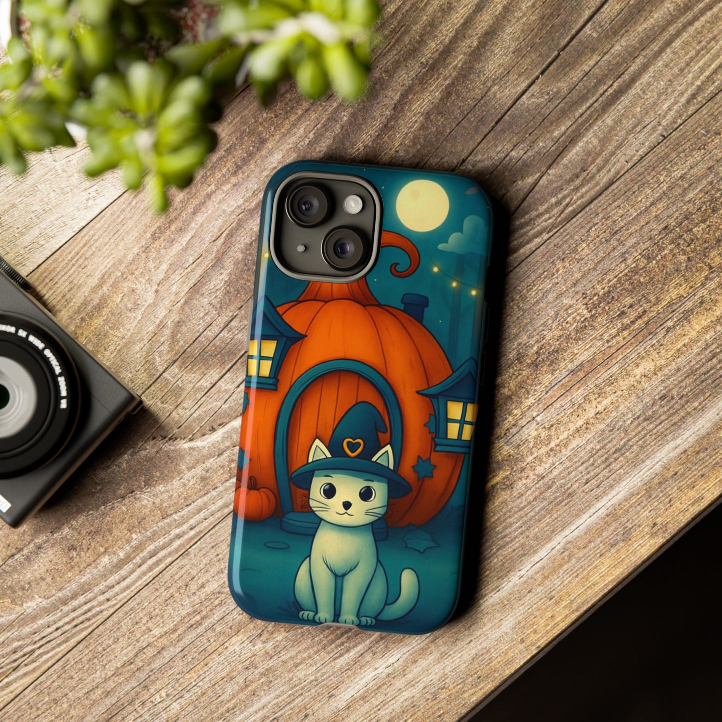 Spooky Halloween Cat Phone Case with Witch Hat and Pumpkin Design for iPhone and Android