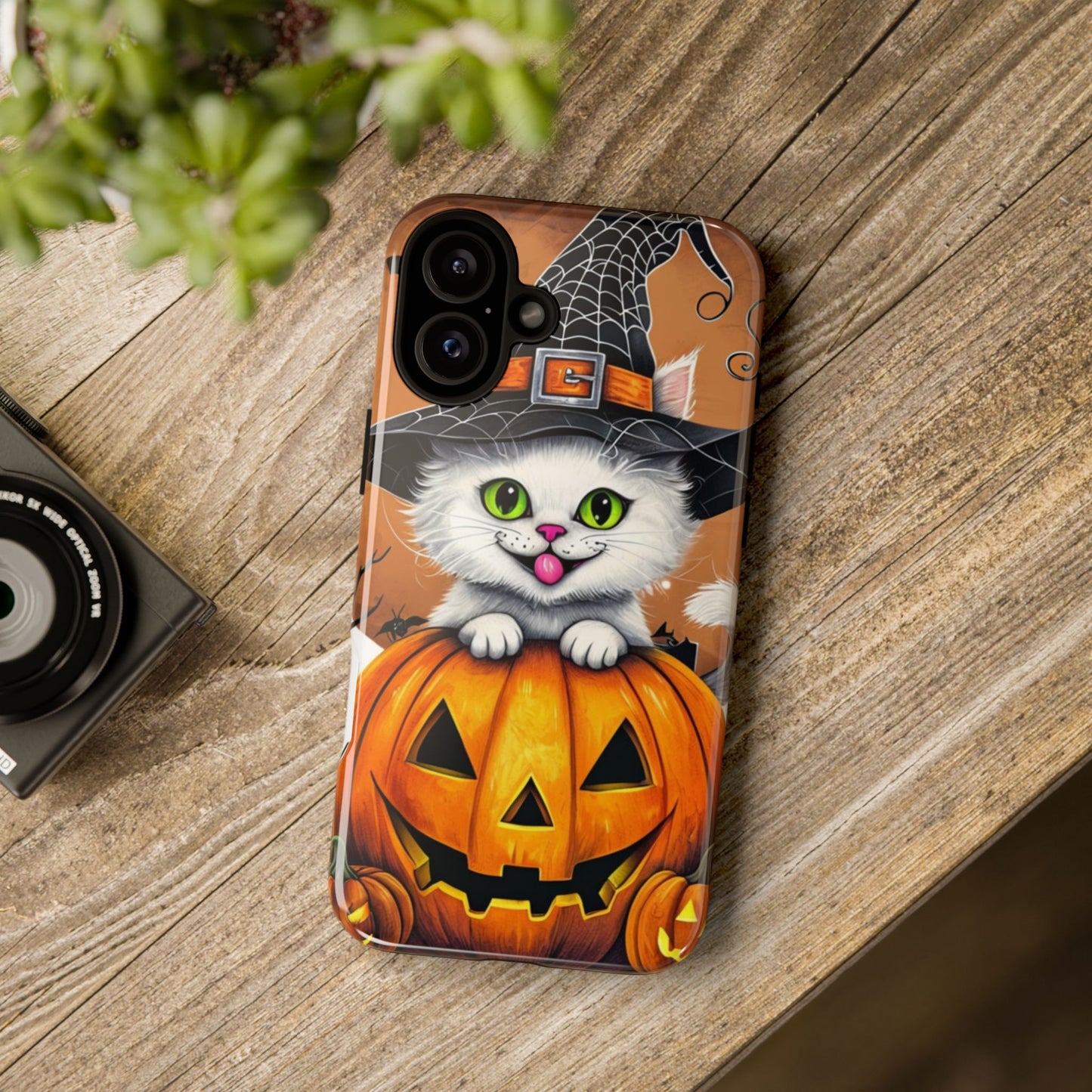 Halloween Cat Phone Case – Spooky Cute Cover with Witch Hat & Pumpkin Design