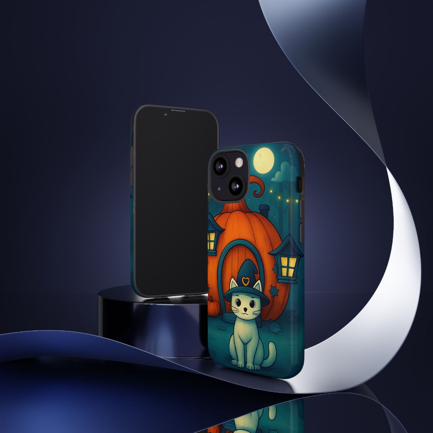 Spooky Halloween Cat Phone Case with Witch Hat and Pumpkin Design for iPhone and Android