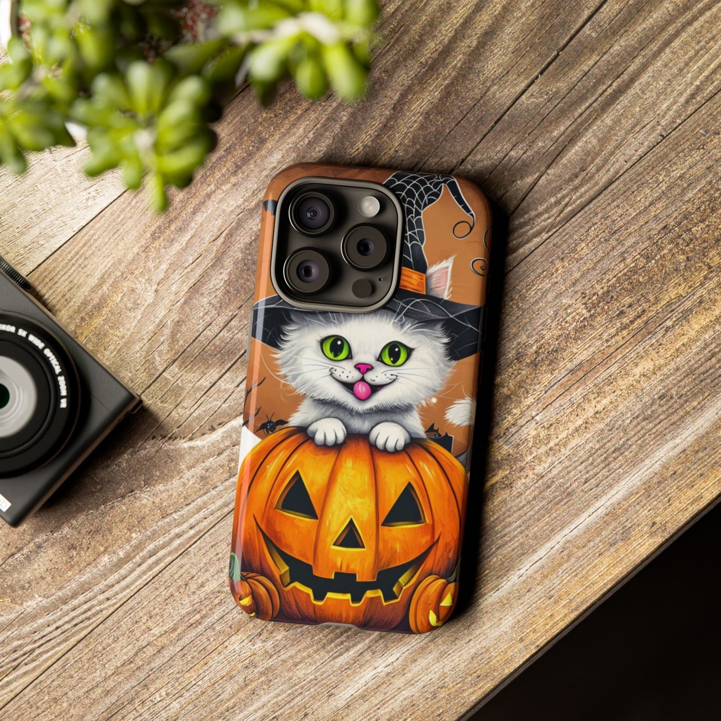 Halloween Cat Phone Case – Spooky Cute Cover with Witch Hat & Pumpkin Design