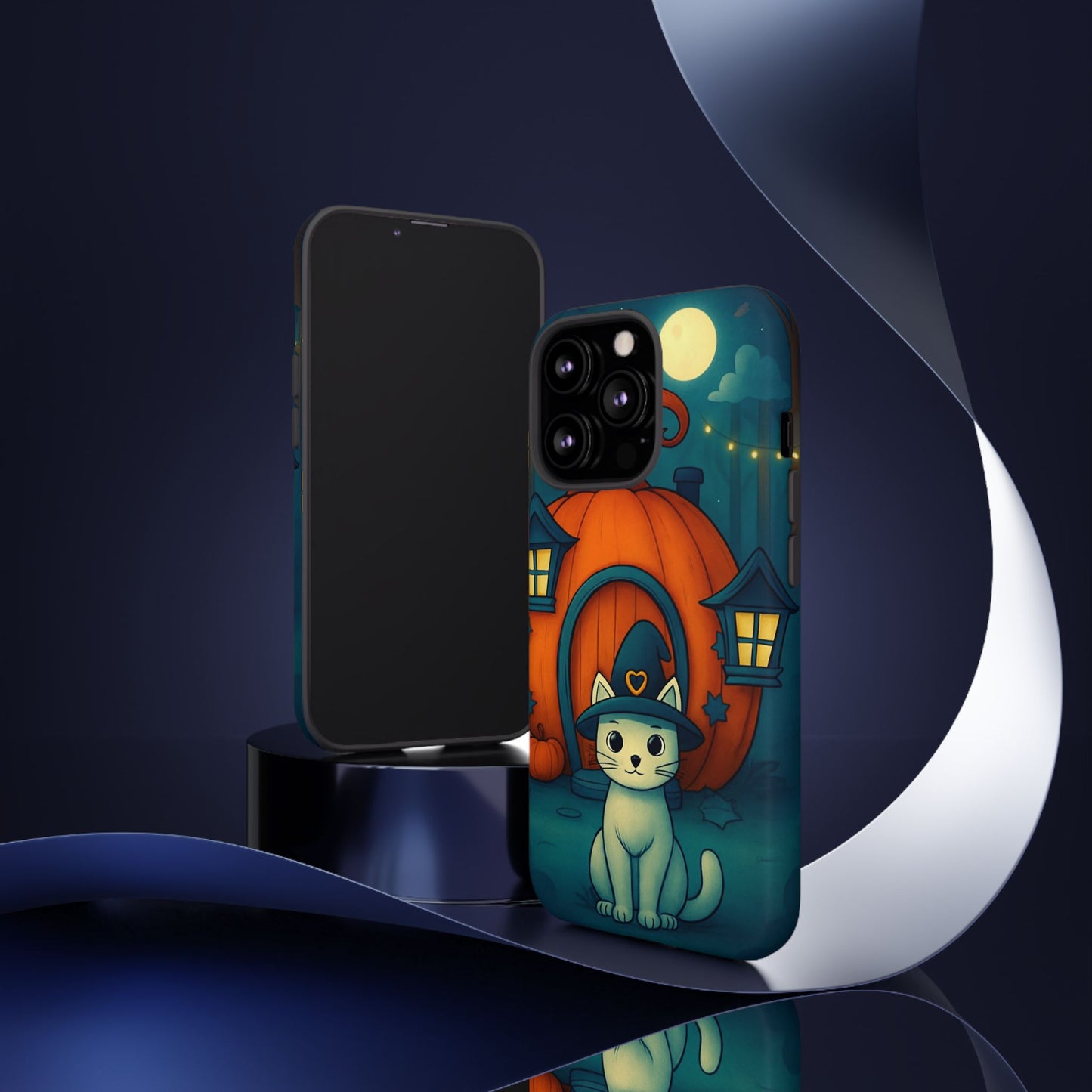 Spooky Halloween Cat Phone Case with Witch Hat and Pumpkin Design for iPhone and Android