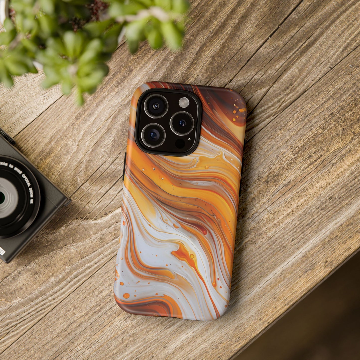 Artistic Swirl Phone Case – Orange, White & Brown Marble Texture