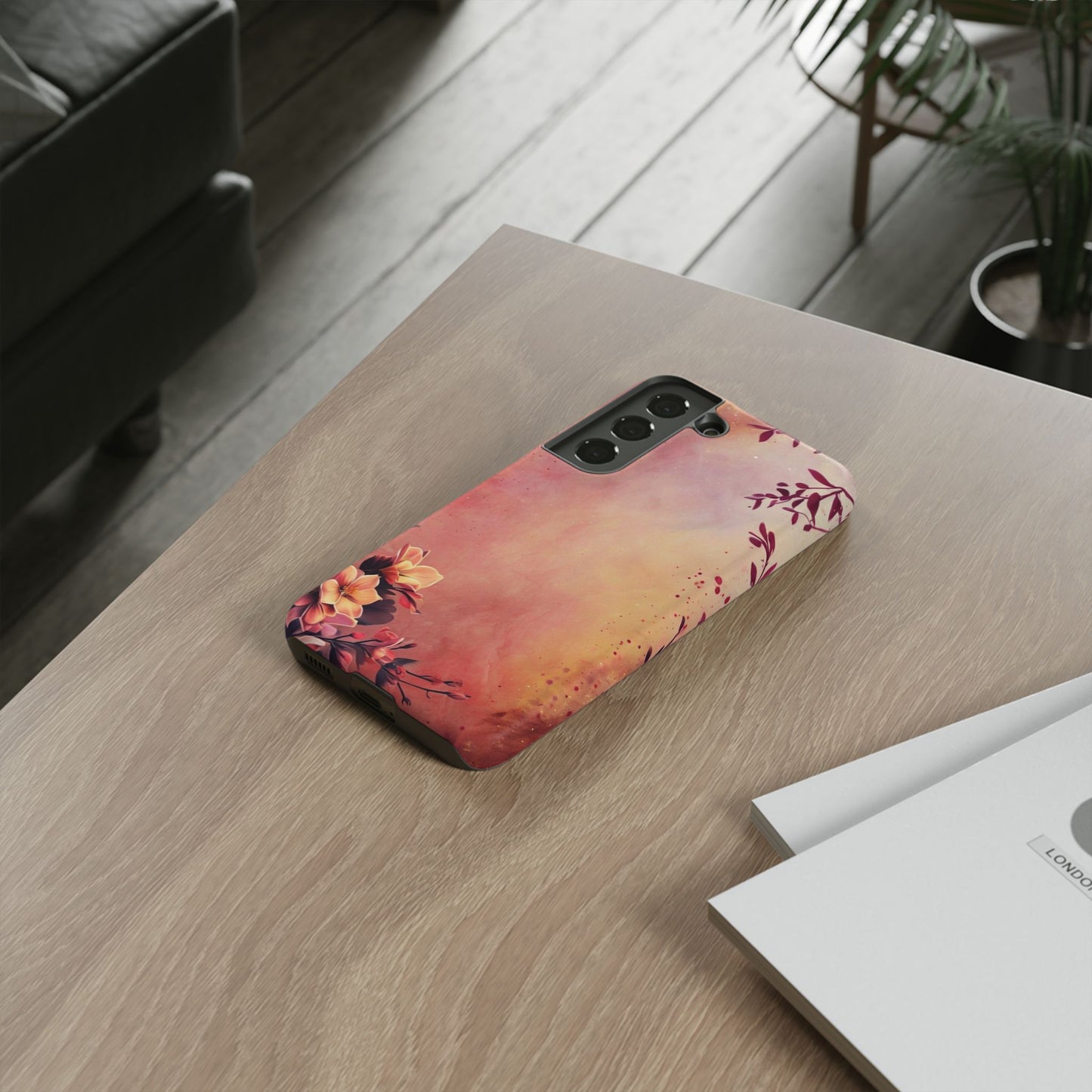 Watercolor Floral Phone Case - Pink Orange Gradient iPhone Cover - Botanical Art Protection