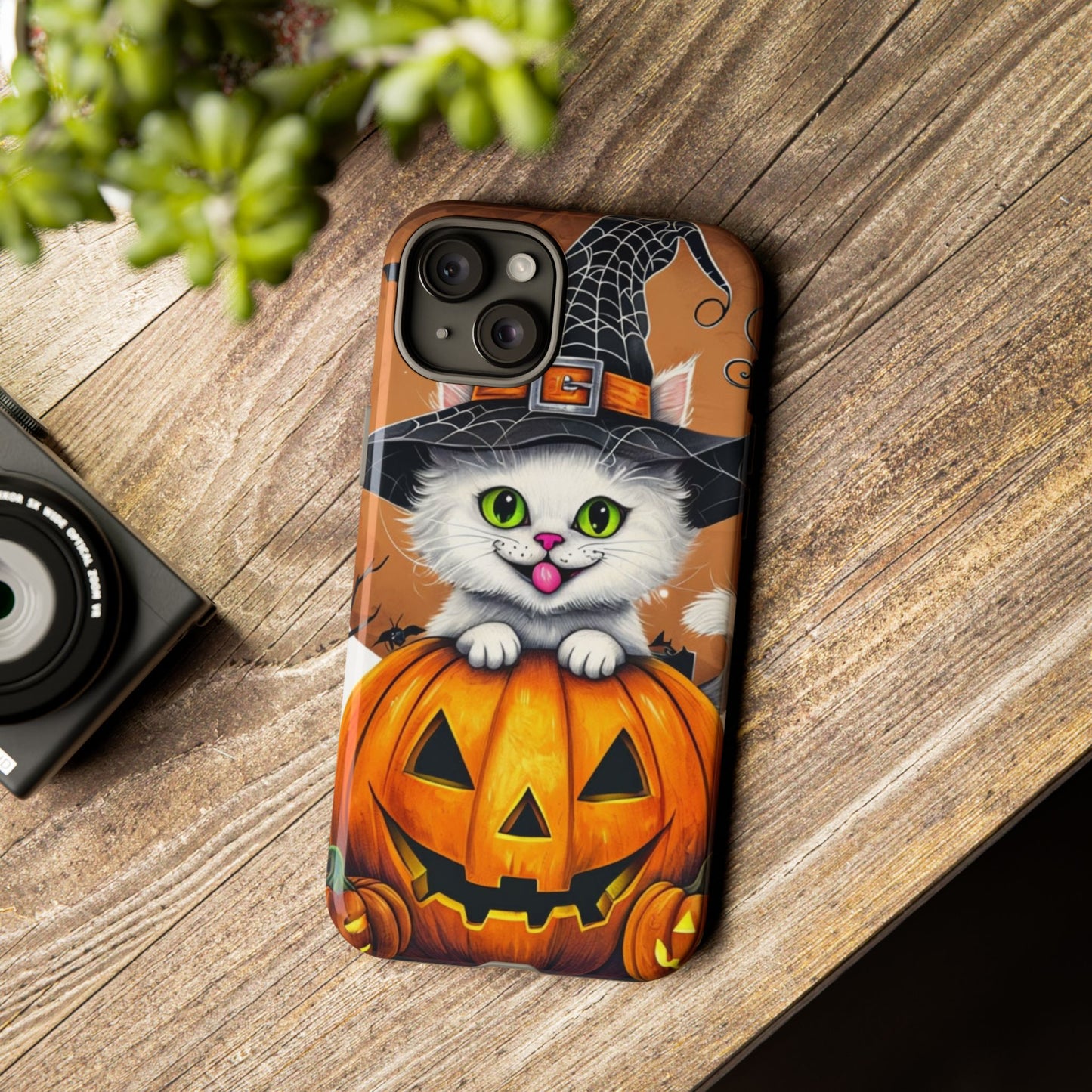 Halloween Cat Phone Case – Spooky Cute Cover with Witch Hat & Pumpkin Design