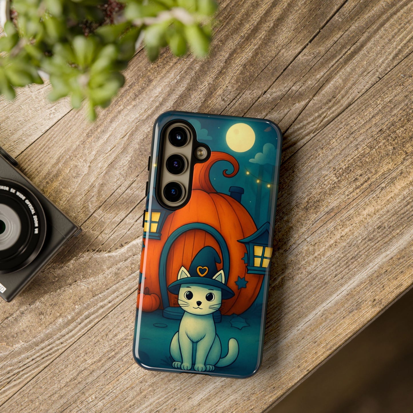 Spooky Halloween Cat Phone Case with Witch Hat and Pumpkin Design for iPhone and Android